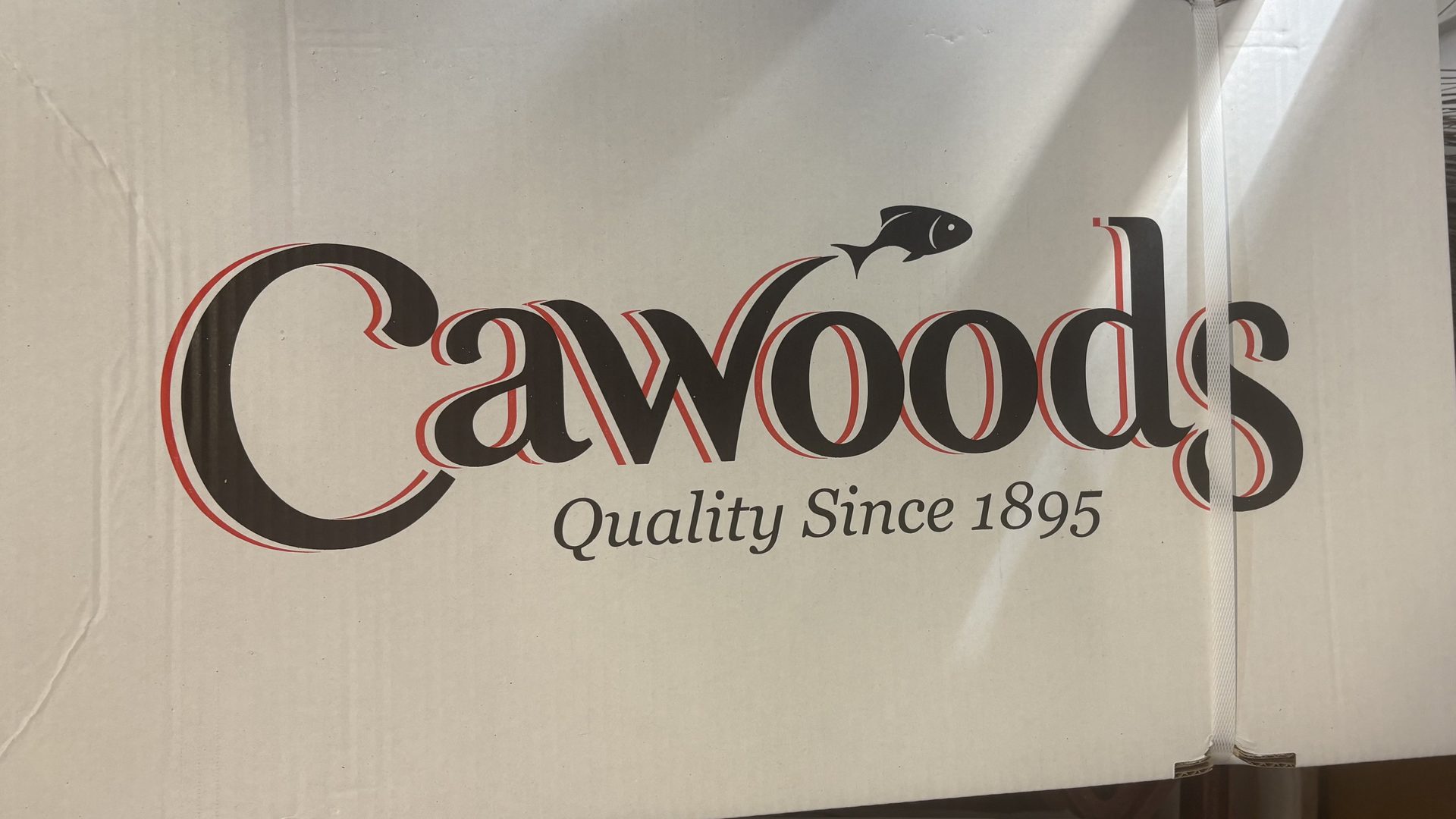 Close-up of the Cawoods quality fish box, quality since 1895
