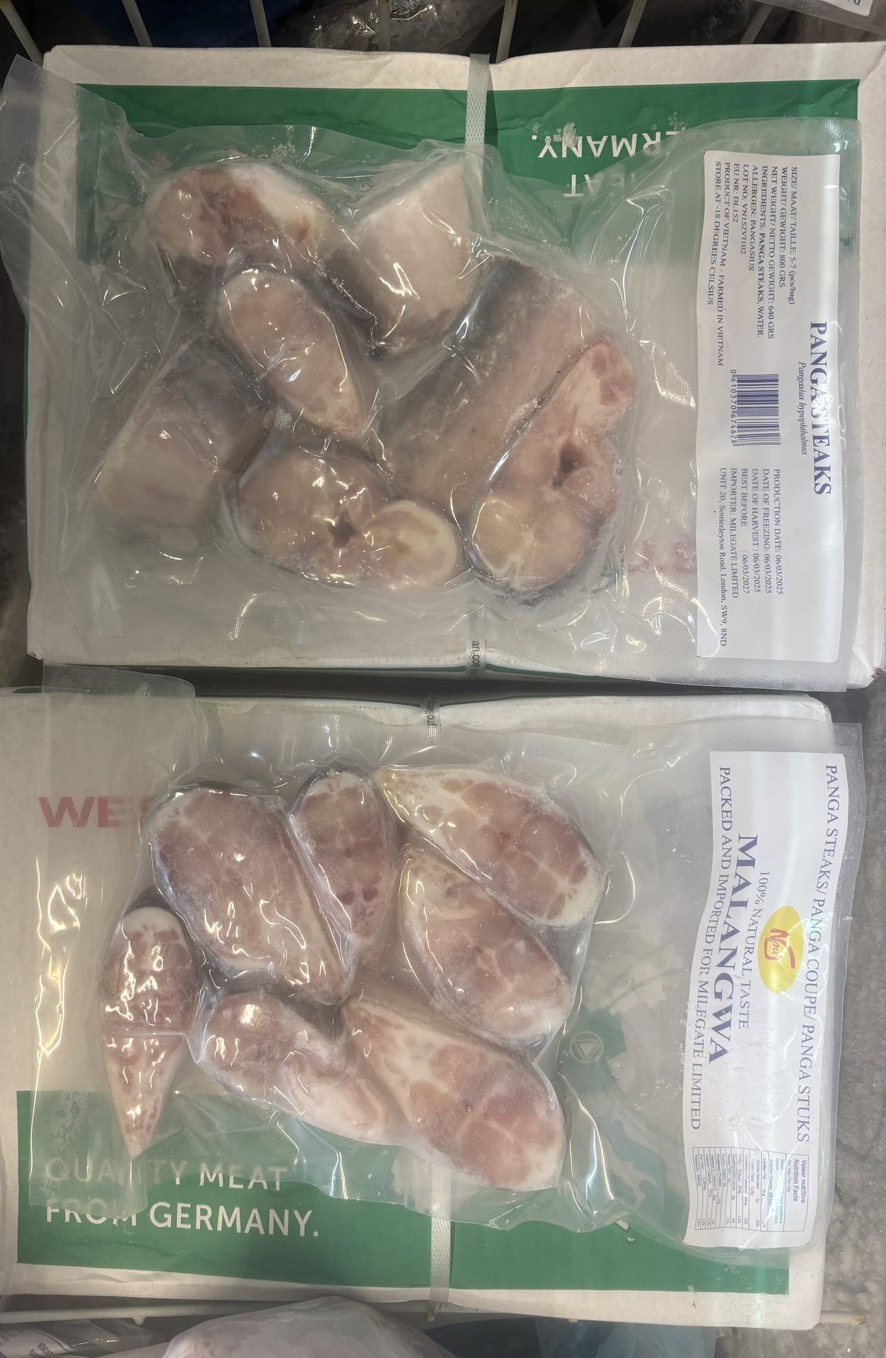 Freezer display of Malangwa frozen panga steak packets