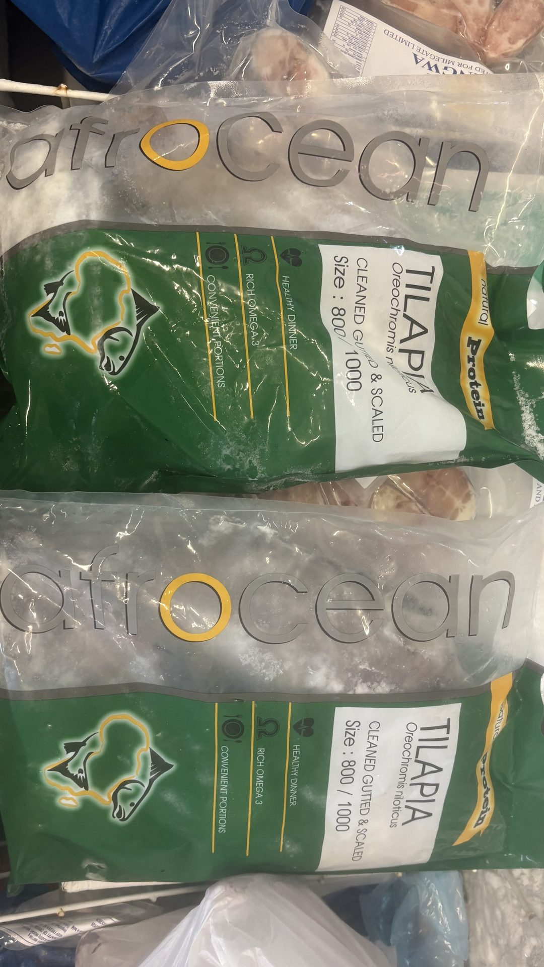 Freezer display of Afrocean frozen tilapia bags