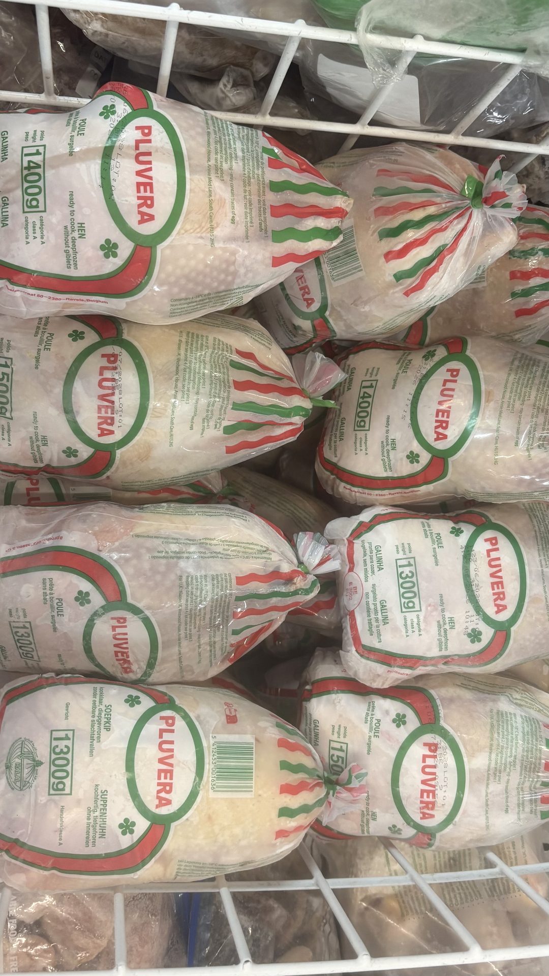 Freezer display of Pluvera frozen hen poultry packages
